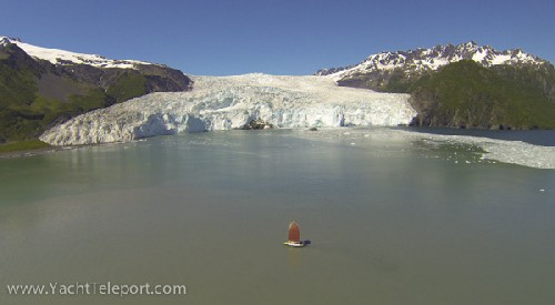 Drone view of Teleport in front of Aialik Glacier - Click for full-size.