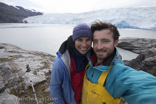 Us in front of Chenega Glacier, GoPro timelapse in background - Click for full-size.